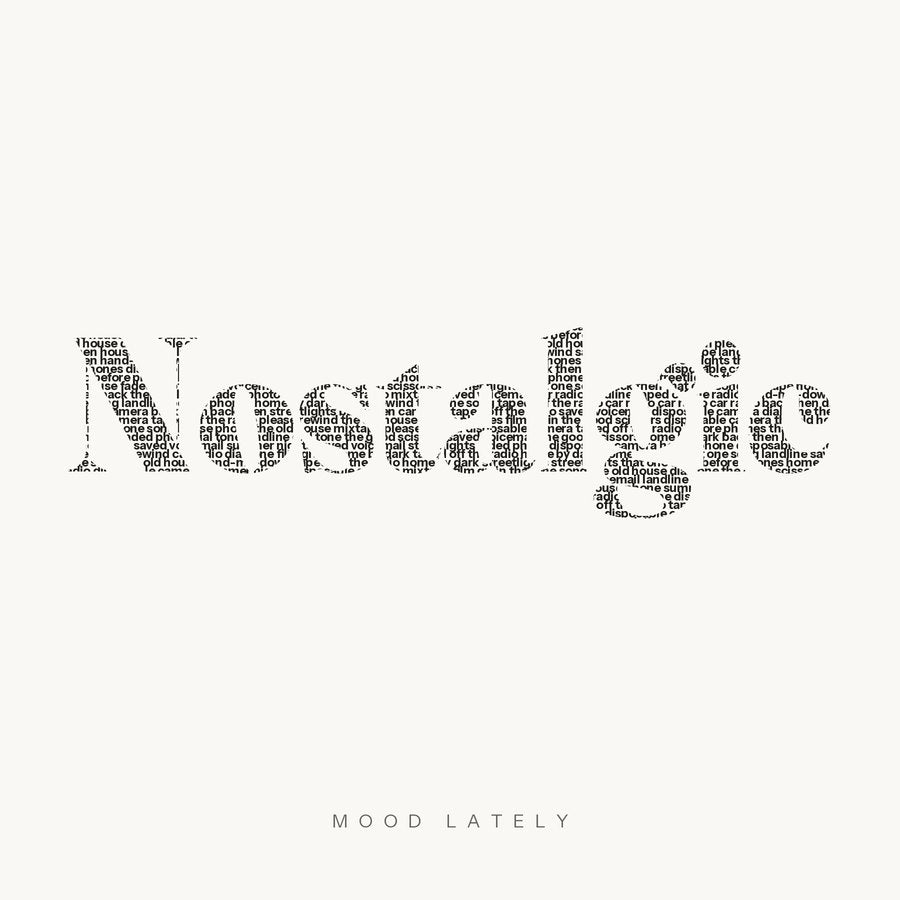 The word Nostalgic spelled out in small phrases such as streetlights, dial tone and please rewind