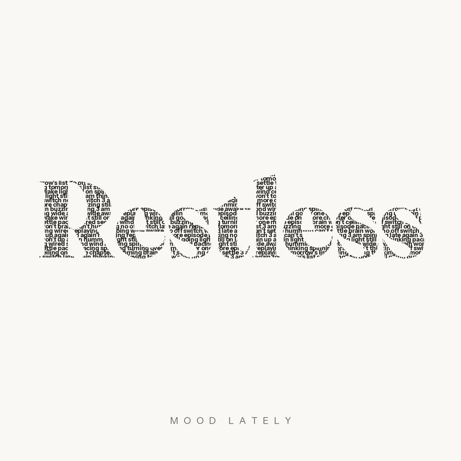 The word Restless spelled out in small phrases such as wide awake, 3 am and no off switch