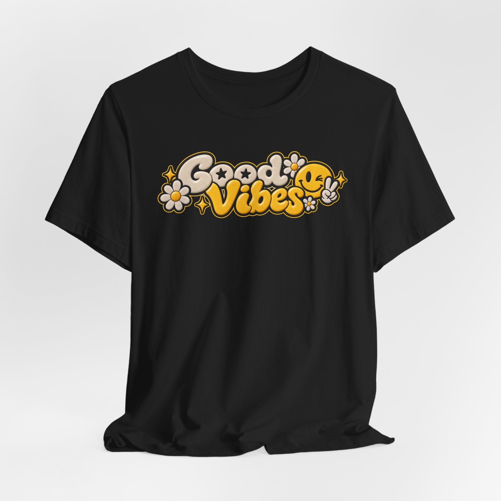 Good Vibes Retro Tee — Smiley Flower Graphic T-Shirt