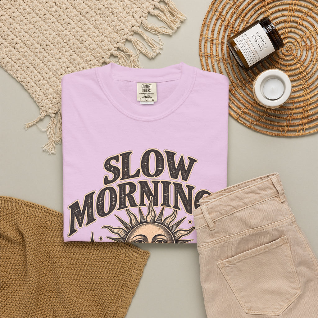 Slow Mornings Tee — Retro Sunrise Garment-Dyed Graphic T-Shirt