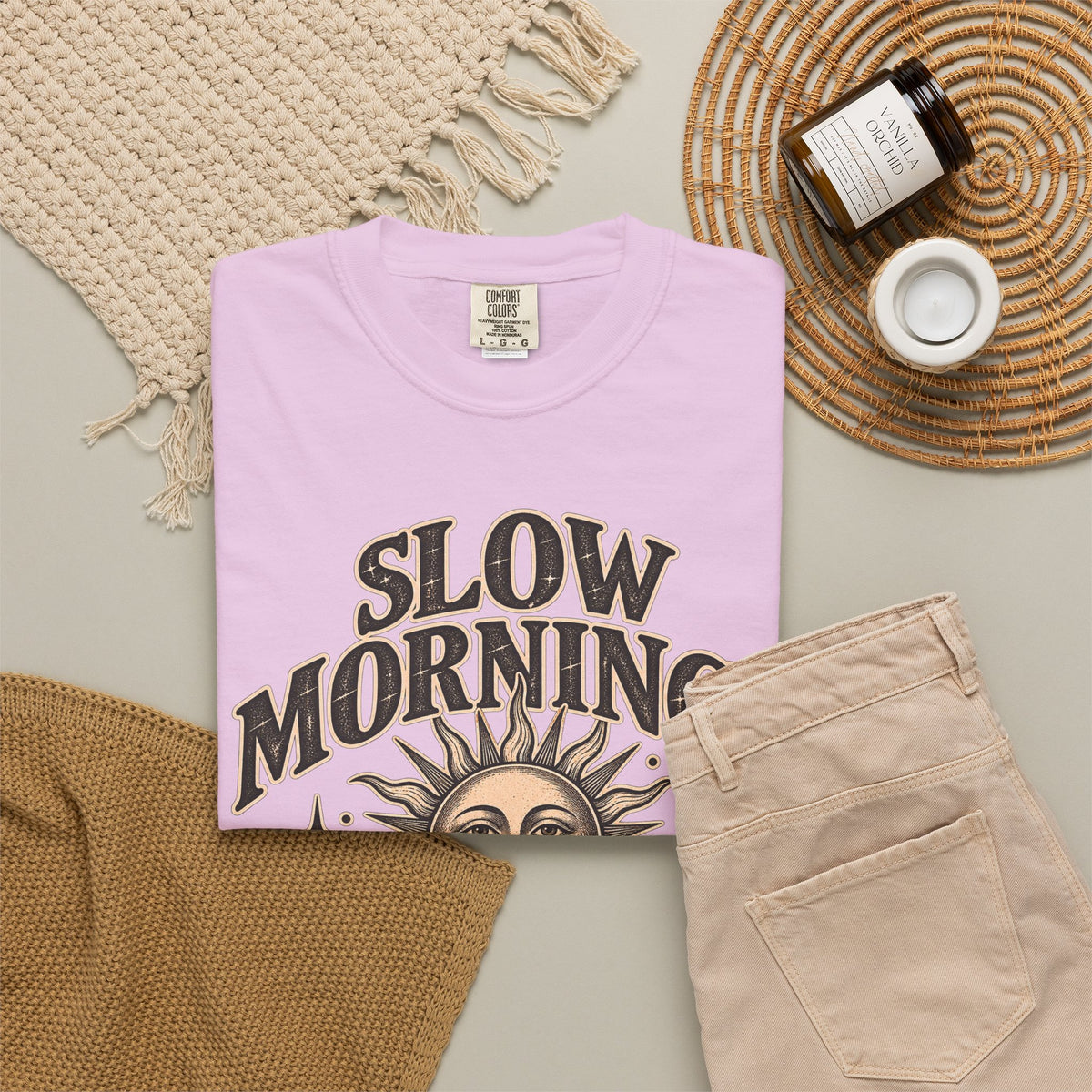 Slow Mornings Tee — Retro Sunrise Garment-Dyed Graphic T-Shirt