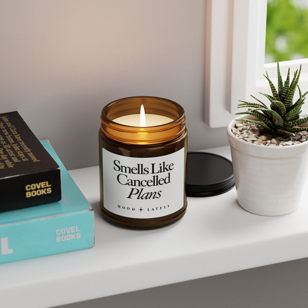 Smells Like Cancelled Plans — Funny Scented Soy Candle Amber Jar