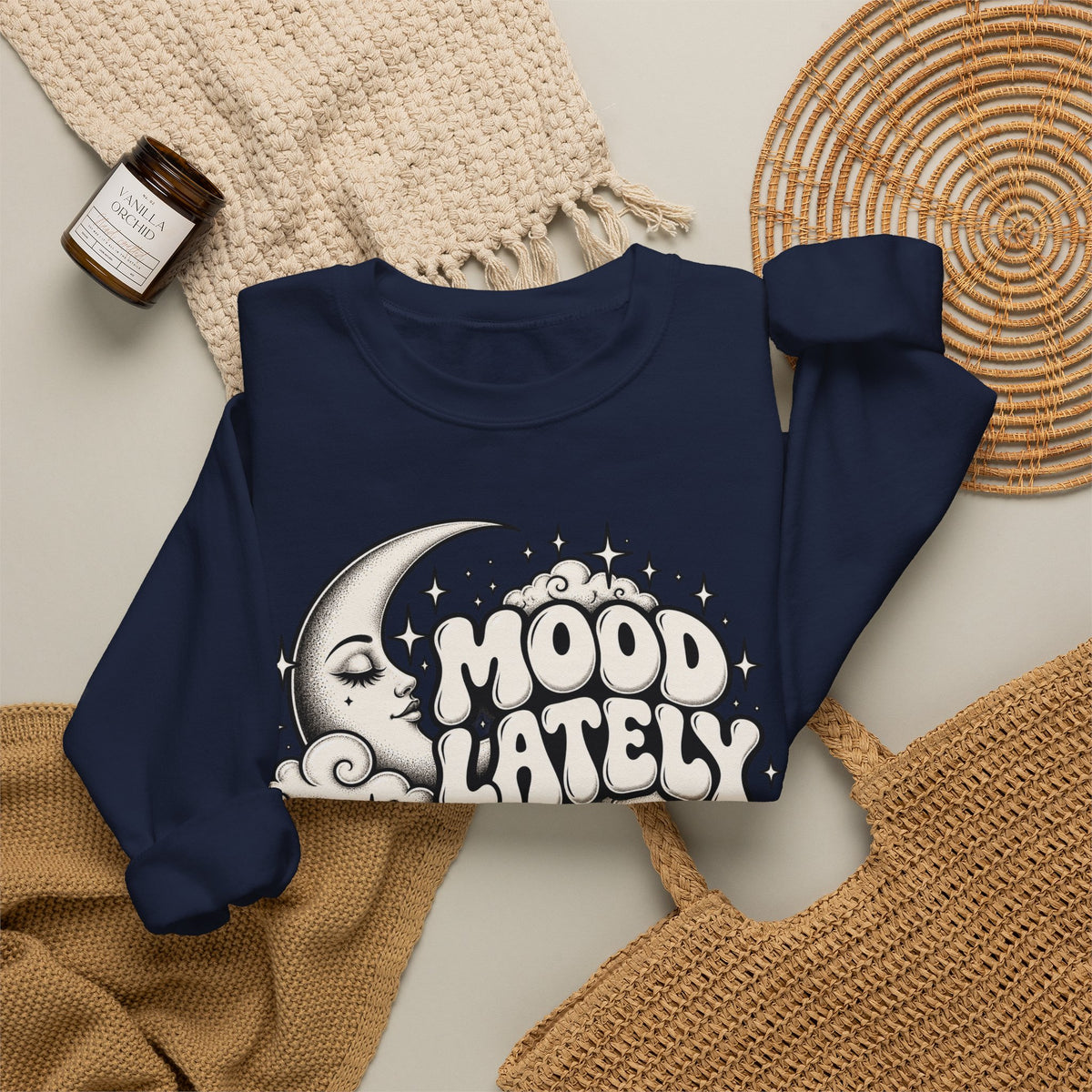 Mood Lately Crewneck Sweatshirt — Retro Moon & Cloud Graphic