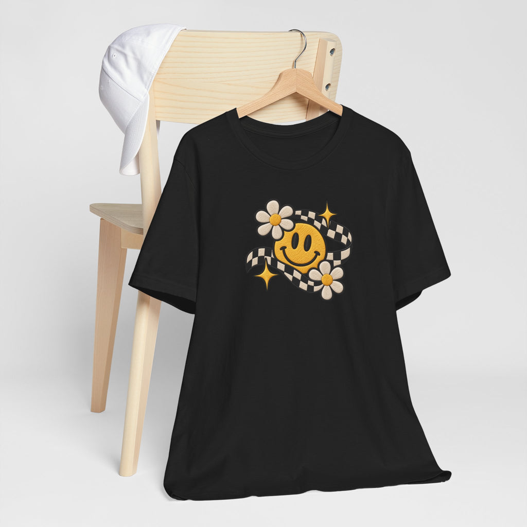 Smiley Flower Checkerboard Tee — Retro Happy Face Graphic T-Shirt
