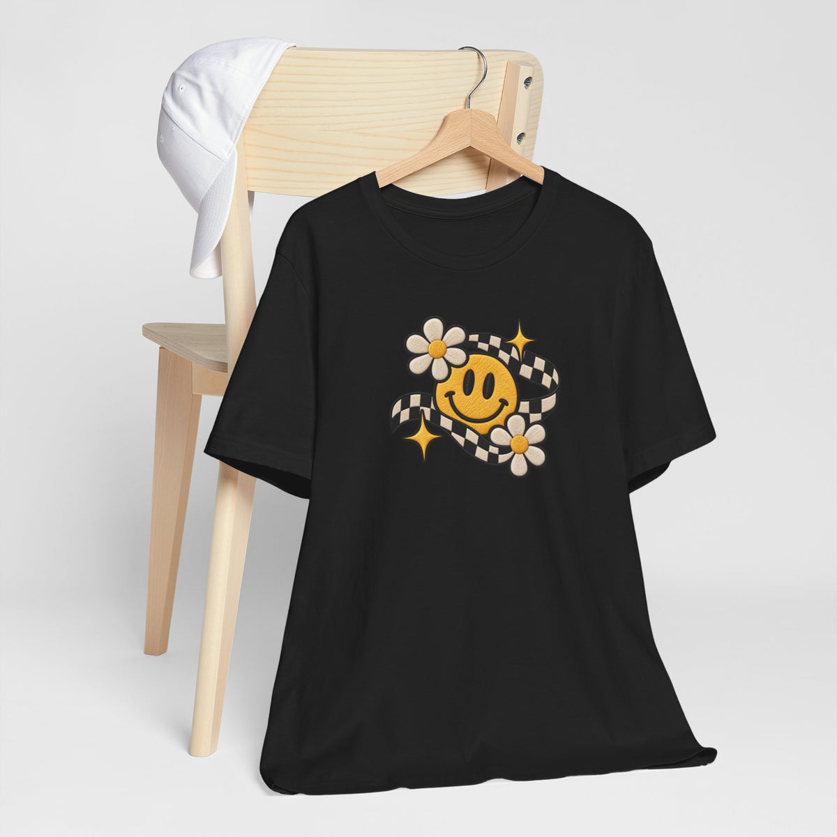 Smiley Flower Checkerboard Tee — Retro Happy Face Graphic T-Shirt