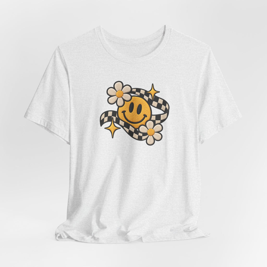 Smiley Flower Checkerboard Tee — Retro Happy Face Graphic T-Shirt