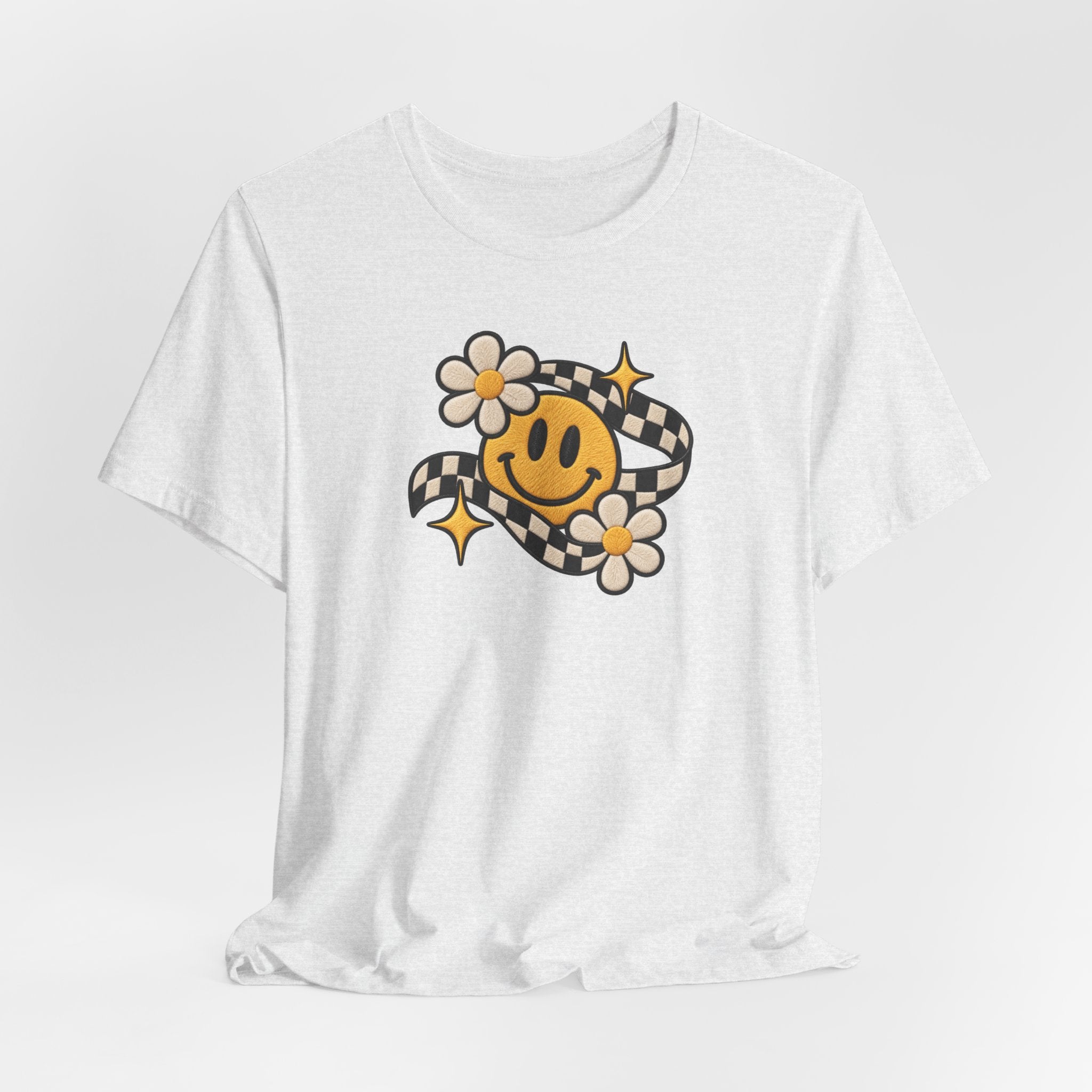 Smiley Flower Checkerboard Tee — Retro Happy Face Graphic T-Shirt