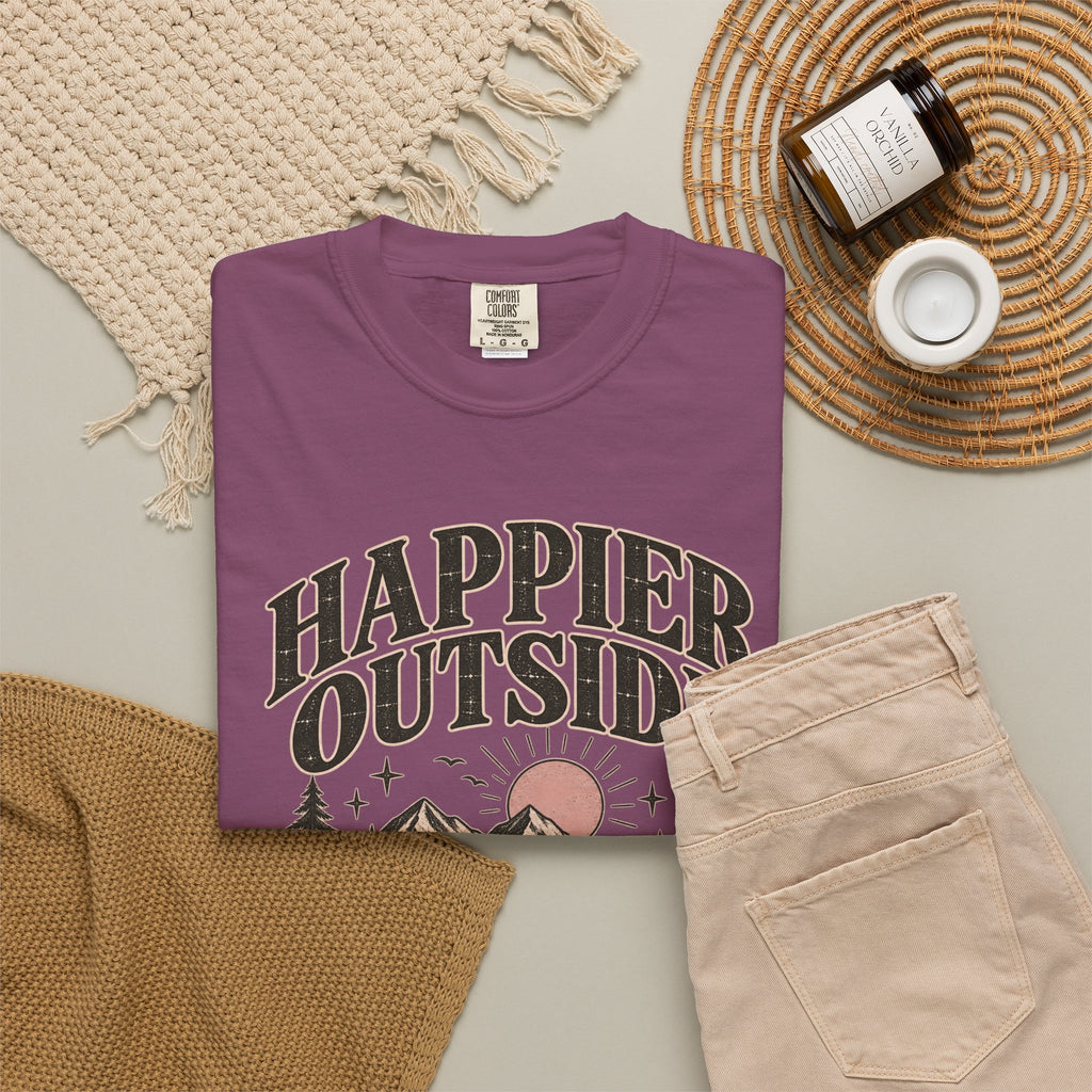 Happier Outside Tee — Nature Lover Graphic Garment-Dyed T-Shirt