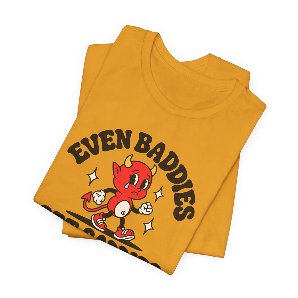 Graphic Tee — "Even Baddies Get Saddles" Cute Devil Skate T-Shirt