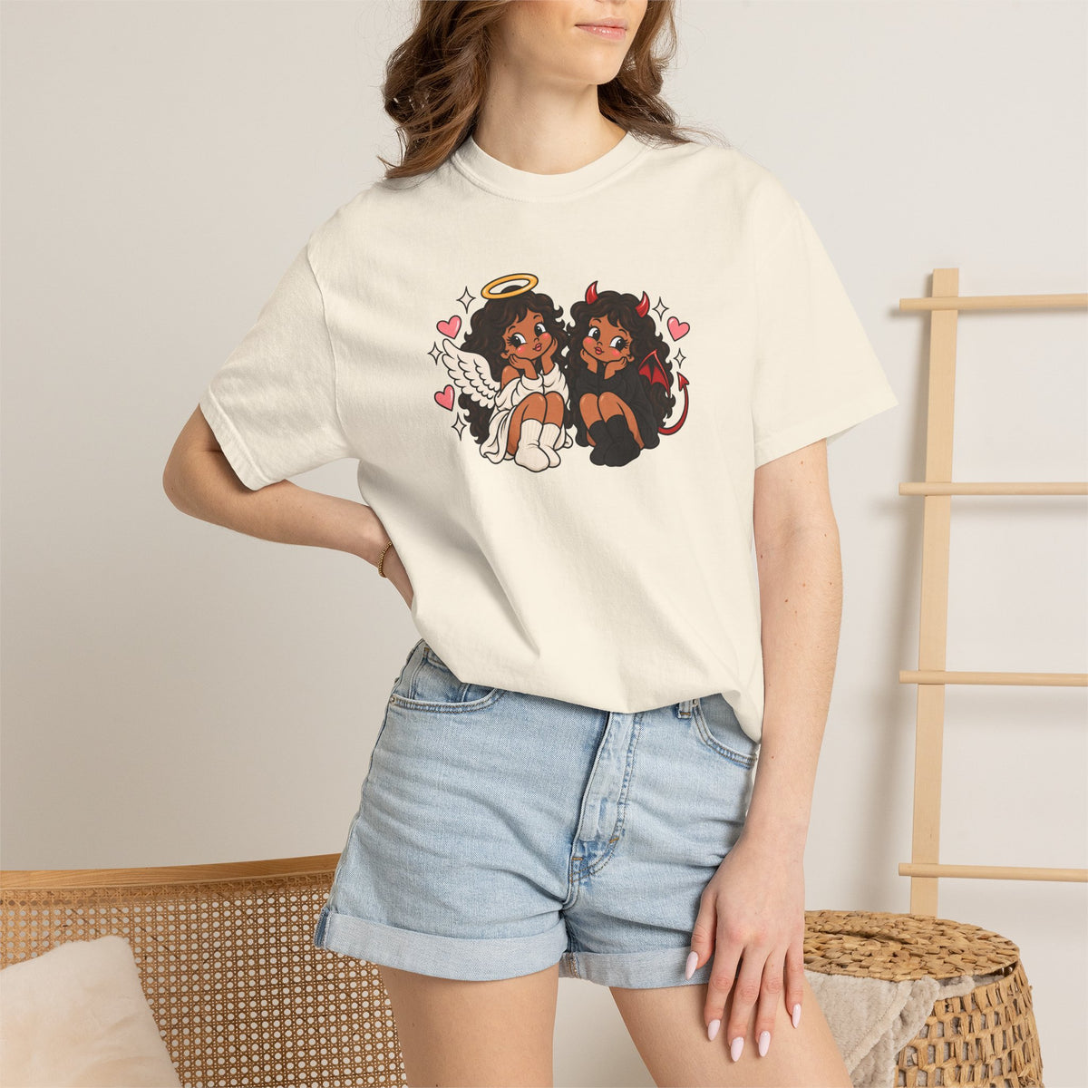 Angel and Devil Cute Graphic Tee — Kawaii Couple Illustration T-Shirt