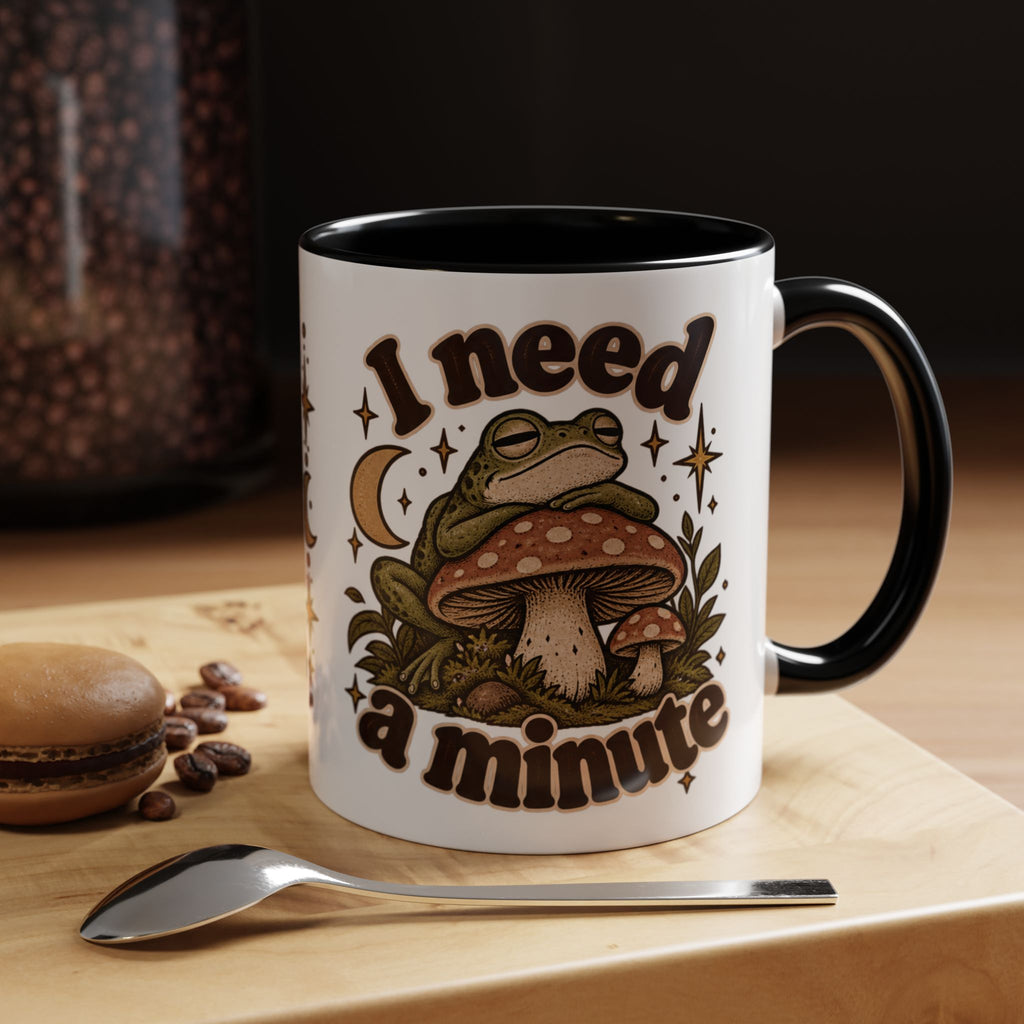 I Need a Minute Mug — Cozy Frog & Mushroom Ceramic Coffee Mug