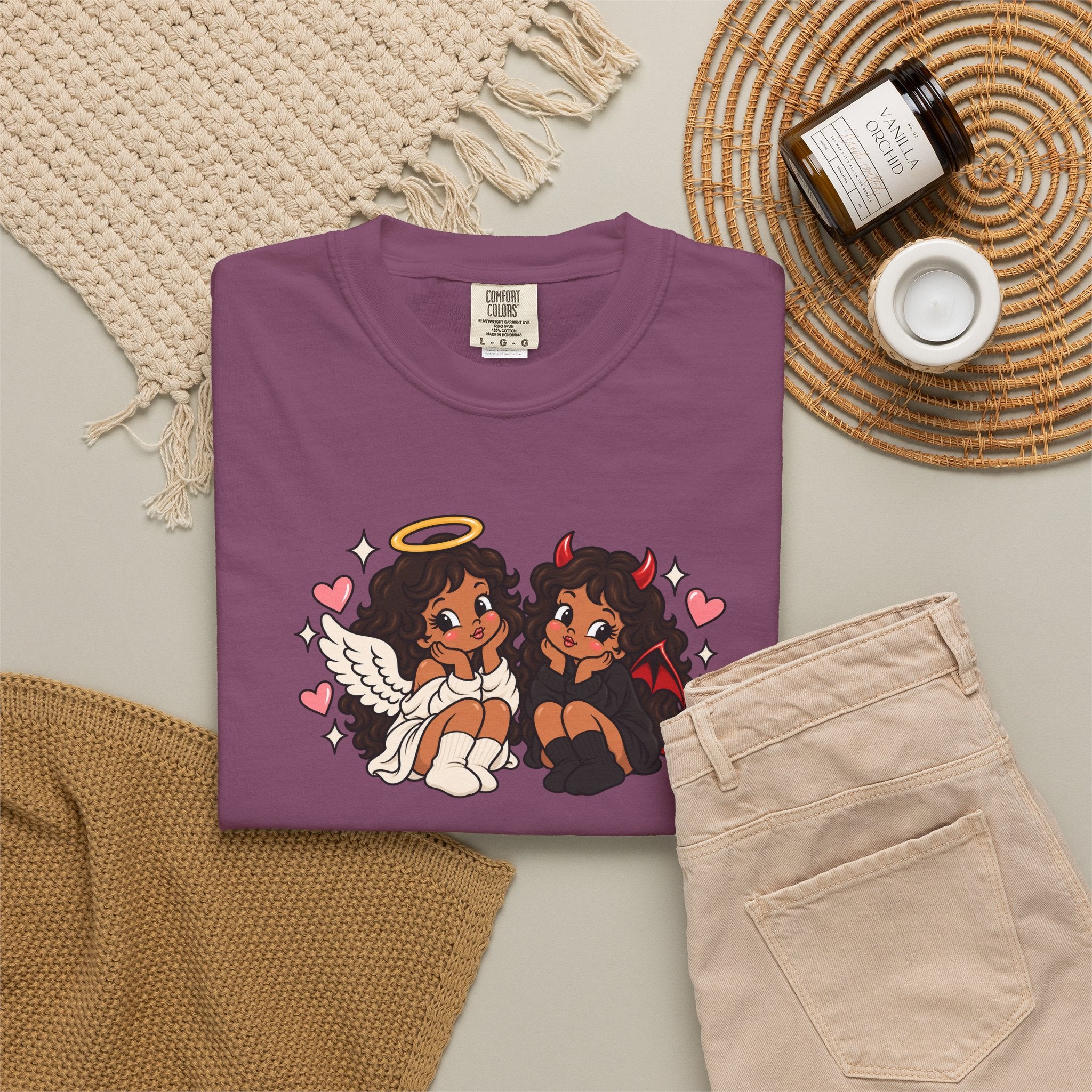 Angel and Devil Cute Graphic Tee — Kawaii Couple Illustration T-Shirt