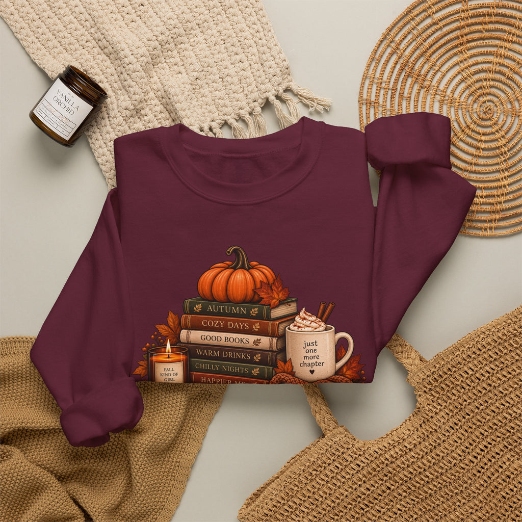 Fall Bookstack Crewneck Sweatshirt — Cozy Pumpkin Reading Vibes