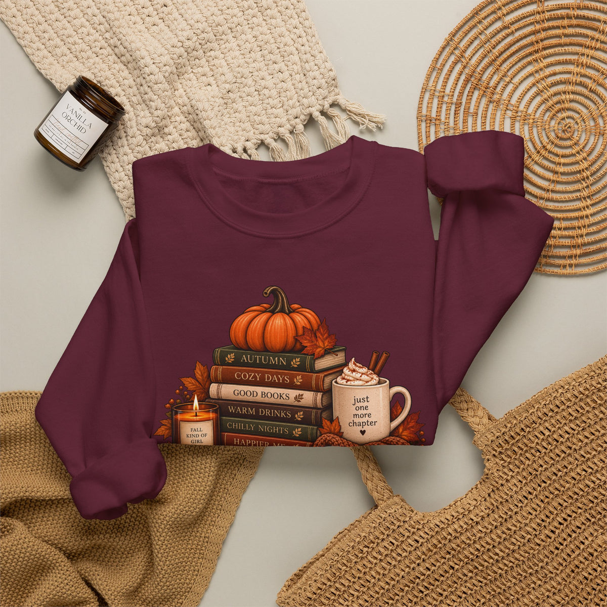 Fall Bookstack Crewneck Sweatshirt — Cozy Pumpkin Reading Vibes