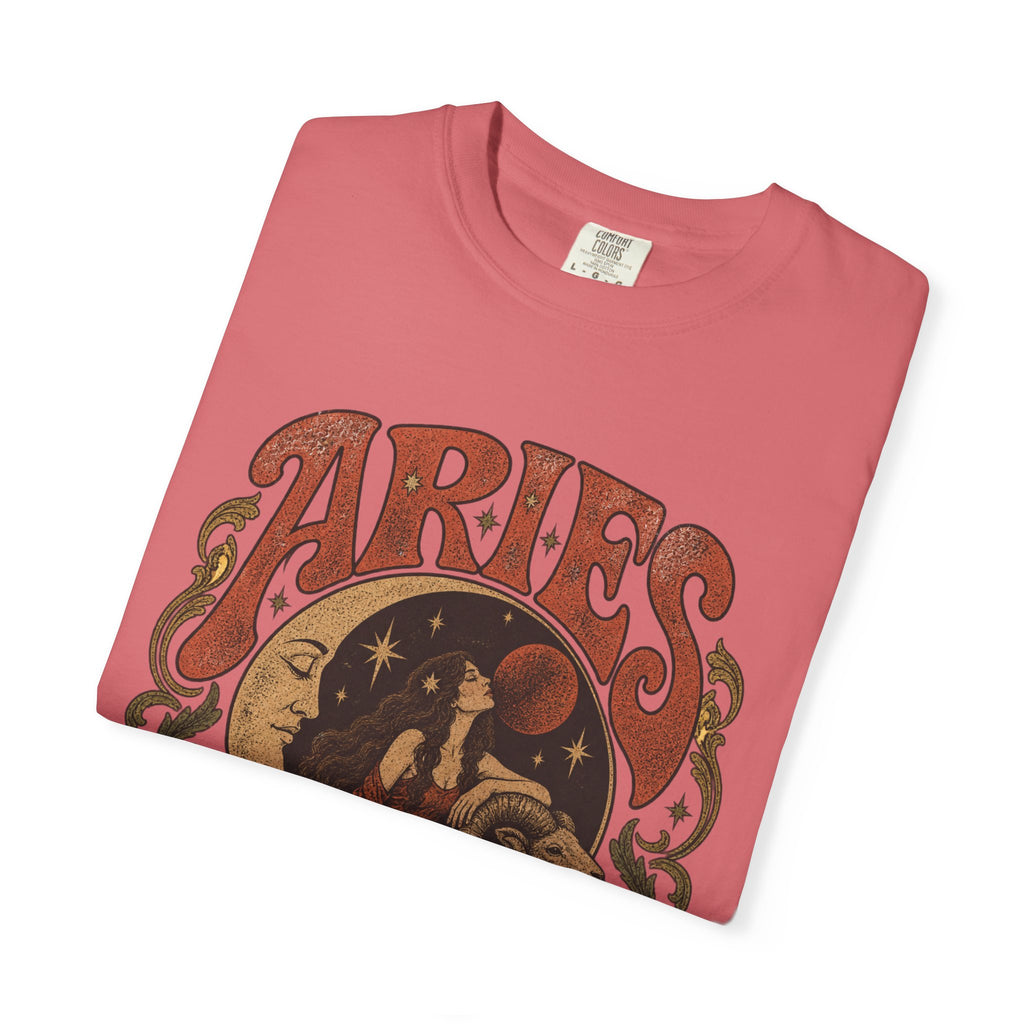 Aries Zodiac T‑Shirt — Vintage Moon & Ram Astrology Tee
