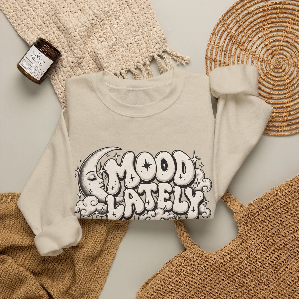 Crewneck Sweatshirt — 'Mood Lately' Retro Moon Graphic