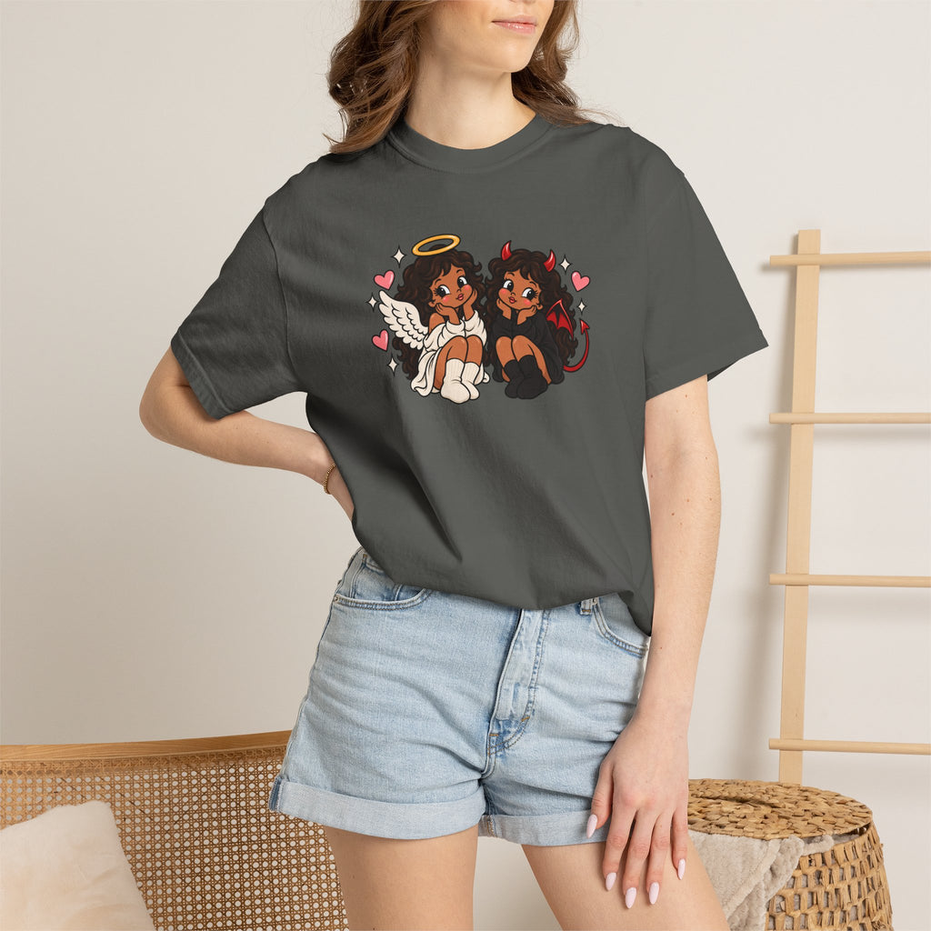 Angel and Devil Cute Graphic Tee — Kawaii Couple Illustration T-Shirt