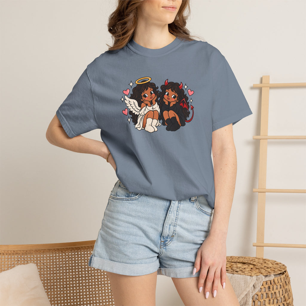 Angel and Devil Cute Graphic Tee — Kawaii Couple Illustration T-Shirt