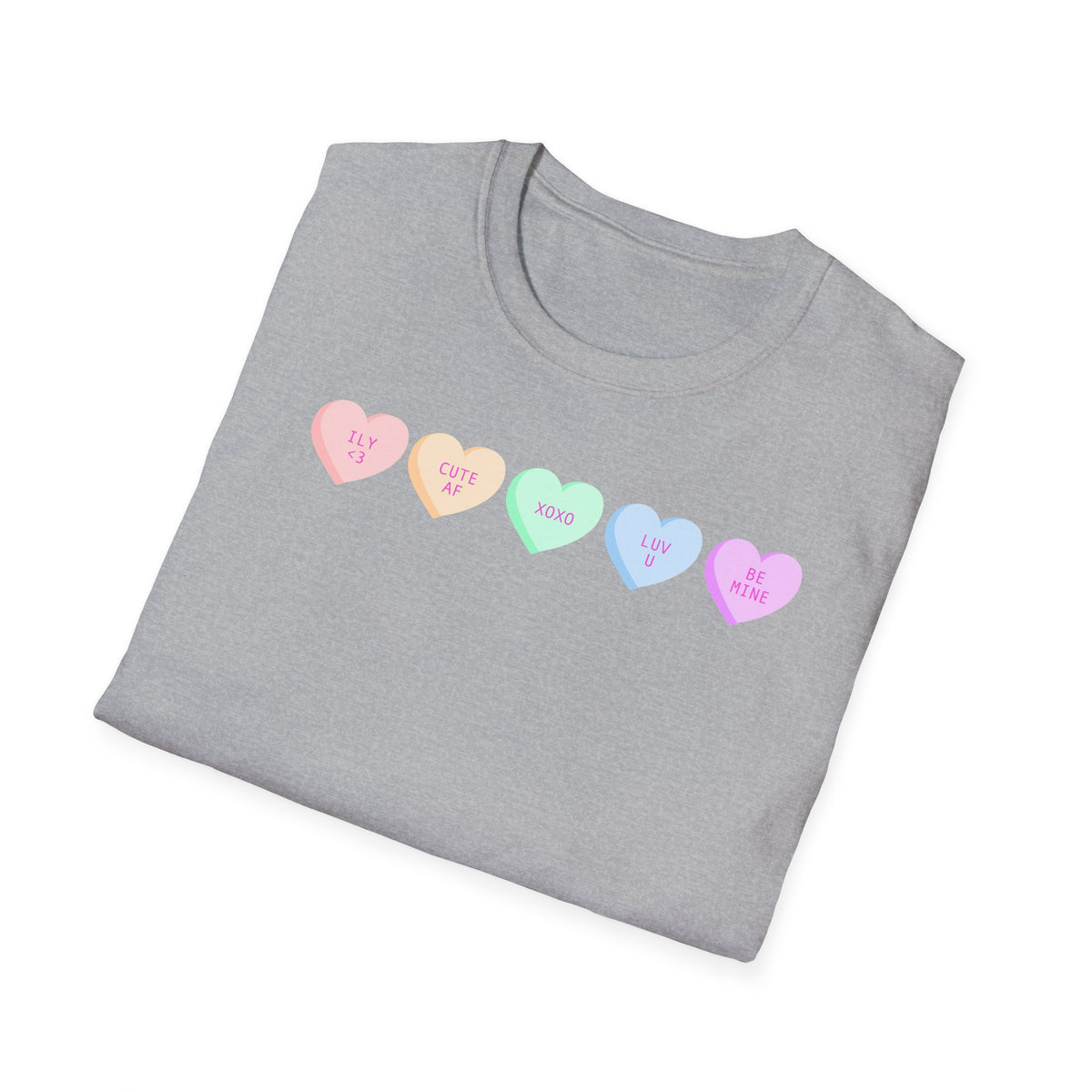 Conversation Heart Candy T-Shirt — Pastel ‘Be Mine, Cute AF, XOXO, Luv U’ Graphic