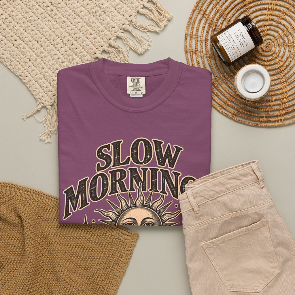 Slow Mornings Tee — Retro Sunrise Garment-Dyed Graphic T-Shirt