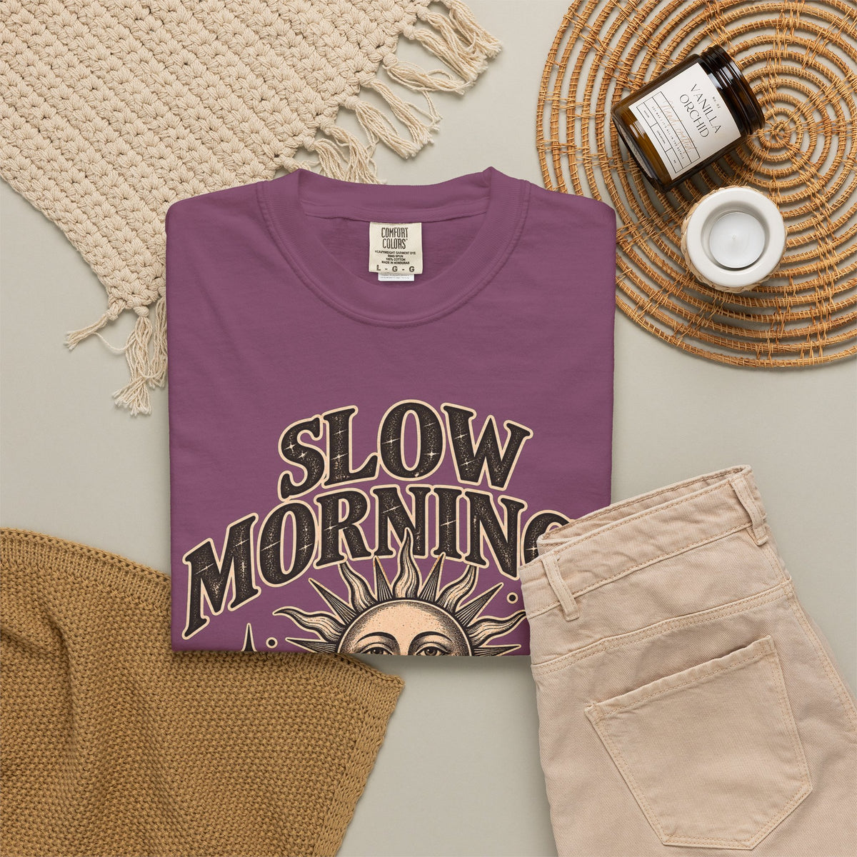 Slow Mornings Tee — Retro Sunrise Garment-Dyed Graphic T-Shirt