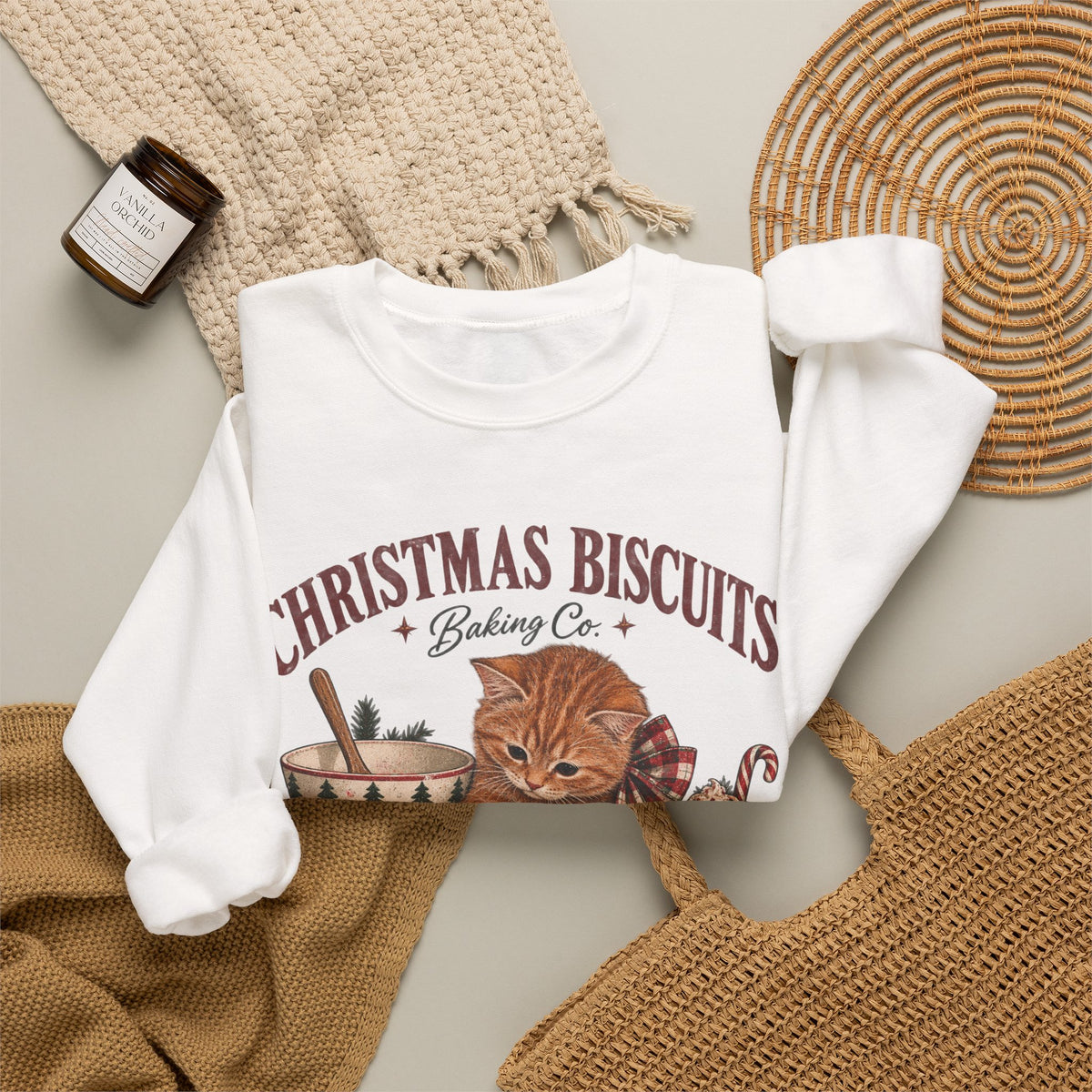 Crewneck Sweatshirt — Christmas Biscuits Baking Co. Cat Holiday Sweatshirt