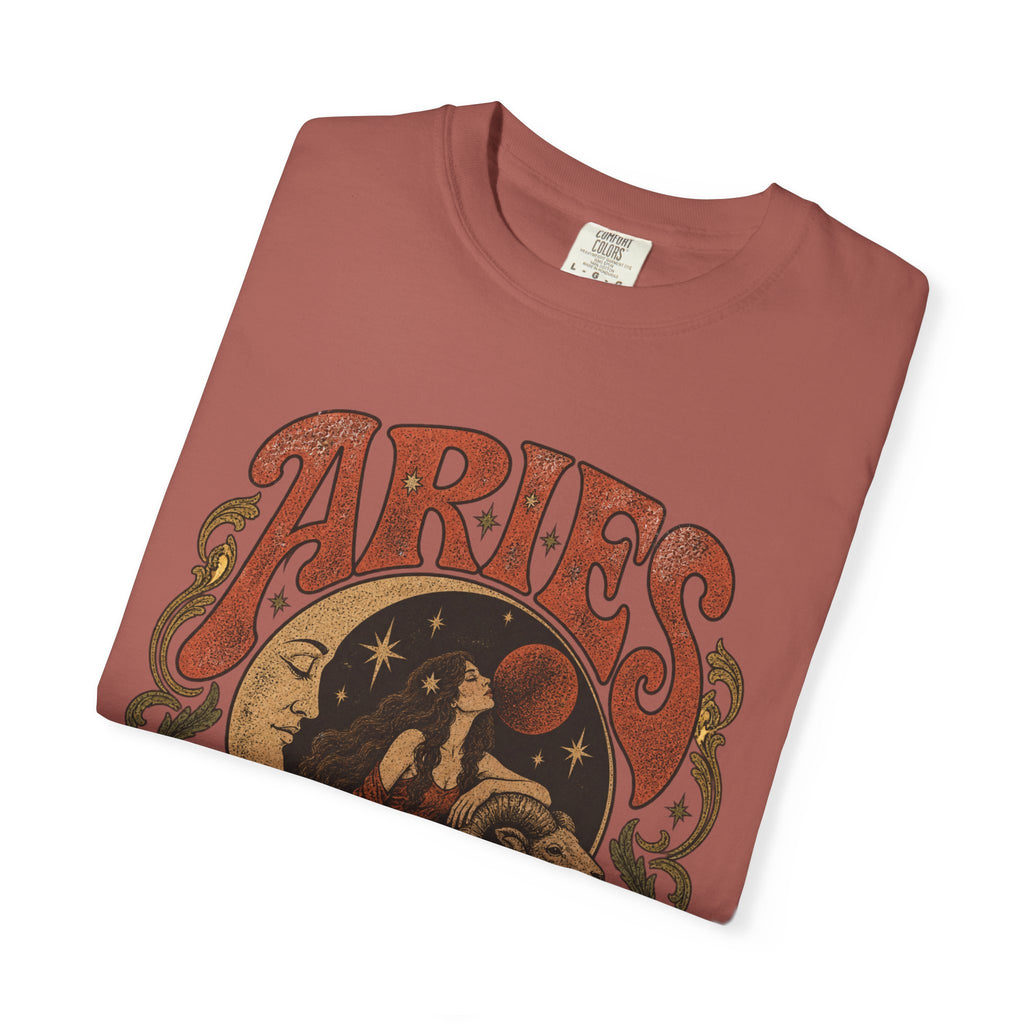 Aries Zodiac T‑Shirt — Vintage Moon & Ram Astrology Tee