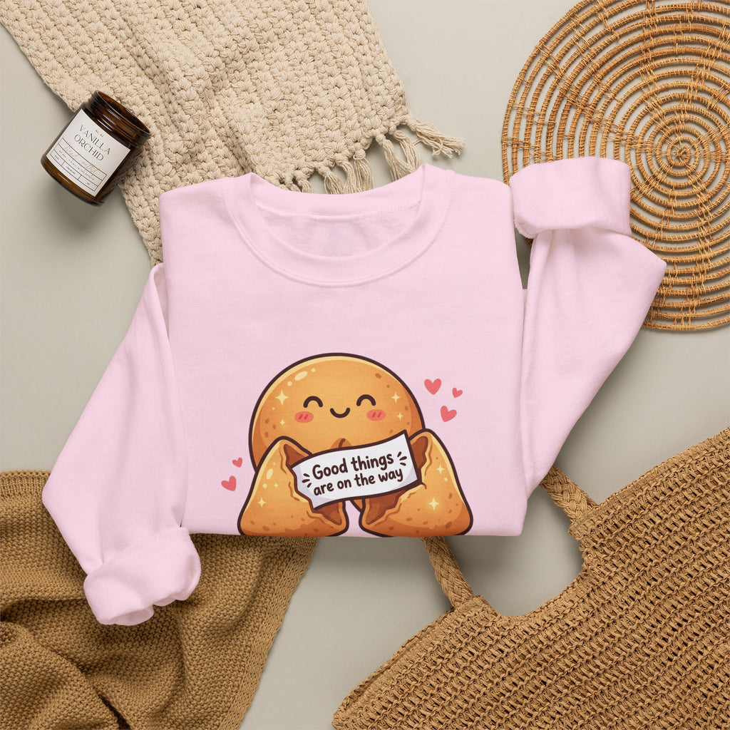 Crewneck Sweatshirt — Cute Fortune Cookie Graphic “Good Things Are On The Way”