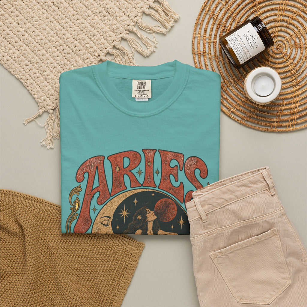 Aries Zodiac T‑Shirt — Vintage Moon & Ram Astrology Tee