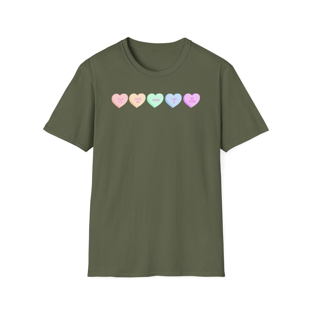 Conversation Heart Candy T-Shirt — Pastel ‘Be Mine, Cute AF, XOXO, Luv U’ Graphic