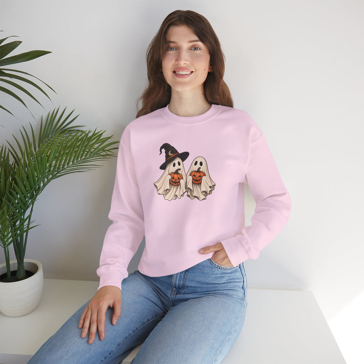 Halloween Ghosts Crewneck Sweatshirt — Cute Witch & Ghost Trick-or-Treat Design