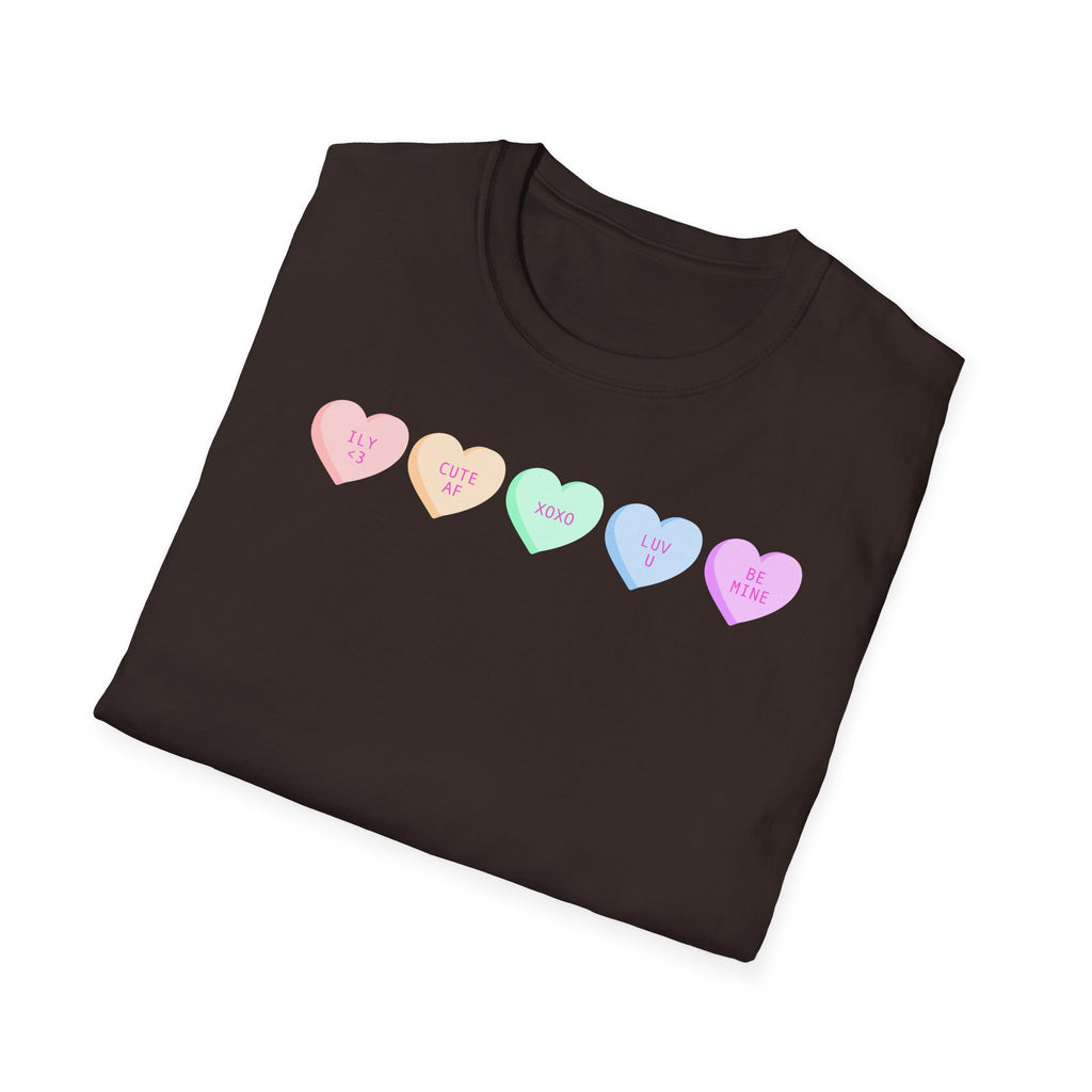 Conversation Heart Candy T-Shirt — Pastel ‘Be Mine, Cute AF, XOXO, Luv U’ Graphic