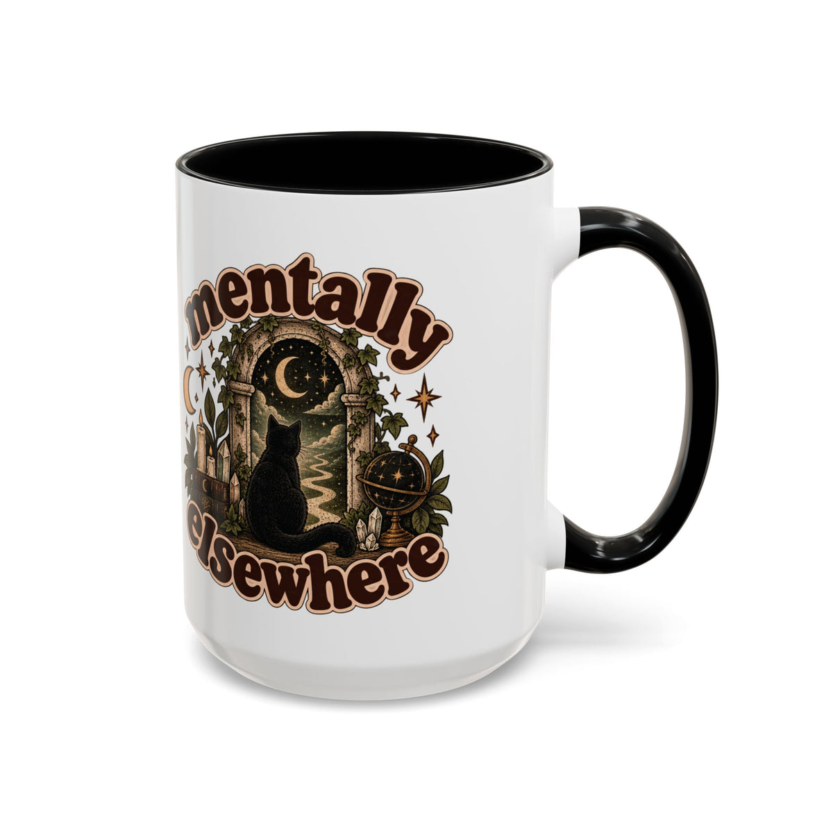 Mentally Elsewhere Mug — Black Cat Celestial Ceramic Coffee Mug