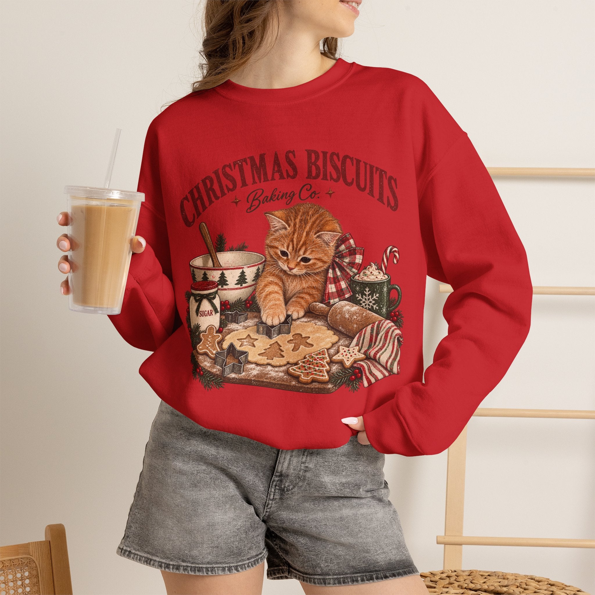 Crewneck Sweatshirt — Christmas Biscuits Baking Co. Cat Holiday Sweatshirt