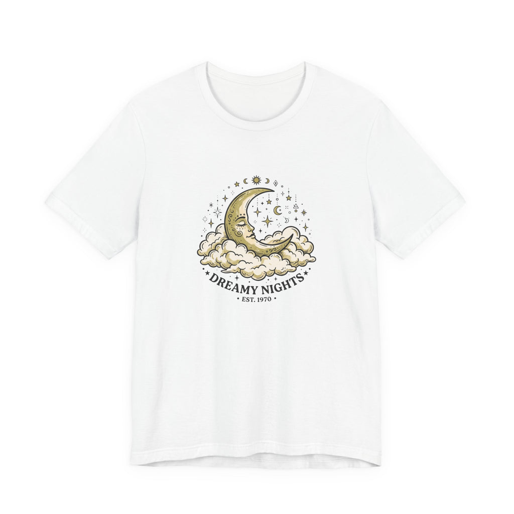 Dreamy Nights Moon Tee — Vintage Crescent Moon & Clouds Shirt