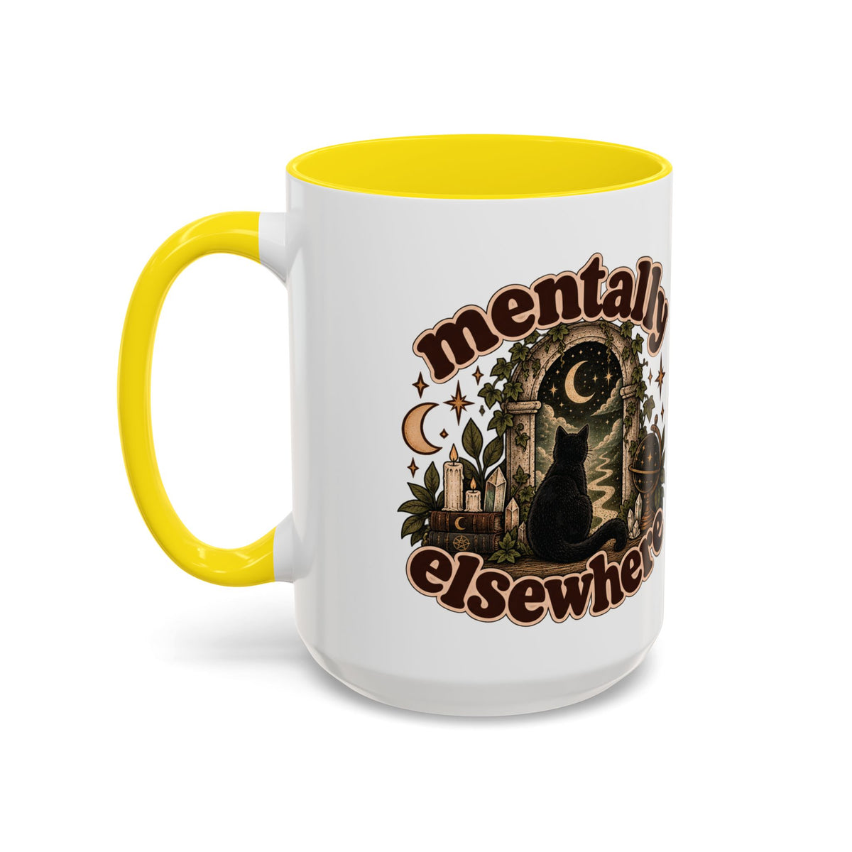 Mentally Elsewhere Mug — Black Cat Celestial Ceramic Coffee Mug