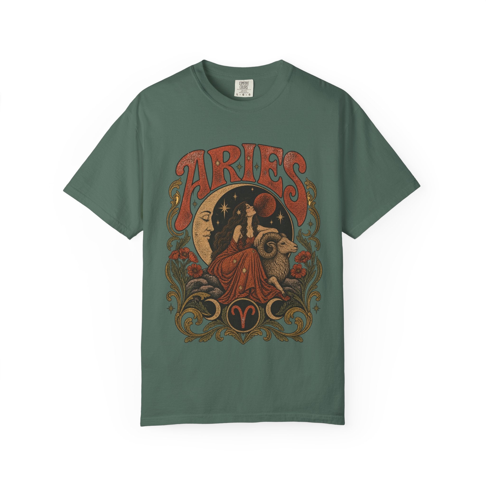 Aries Zodiac T‑Shirt — Vintage Moon & Ram Astrology Tee