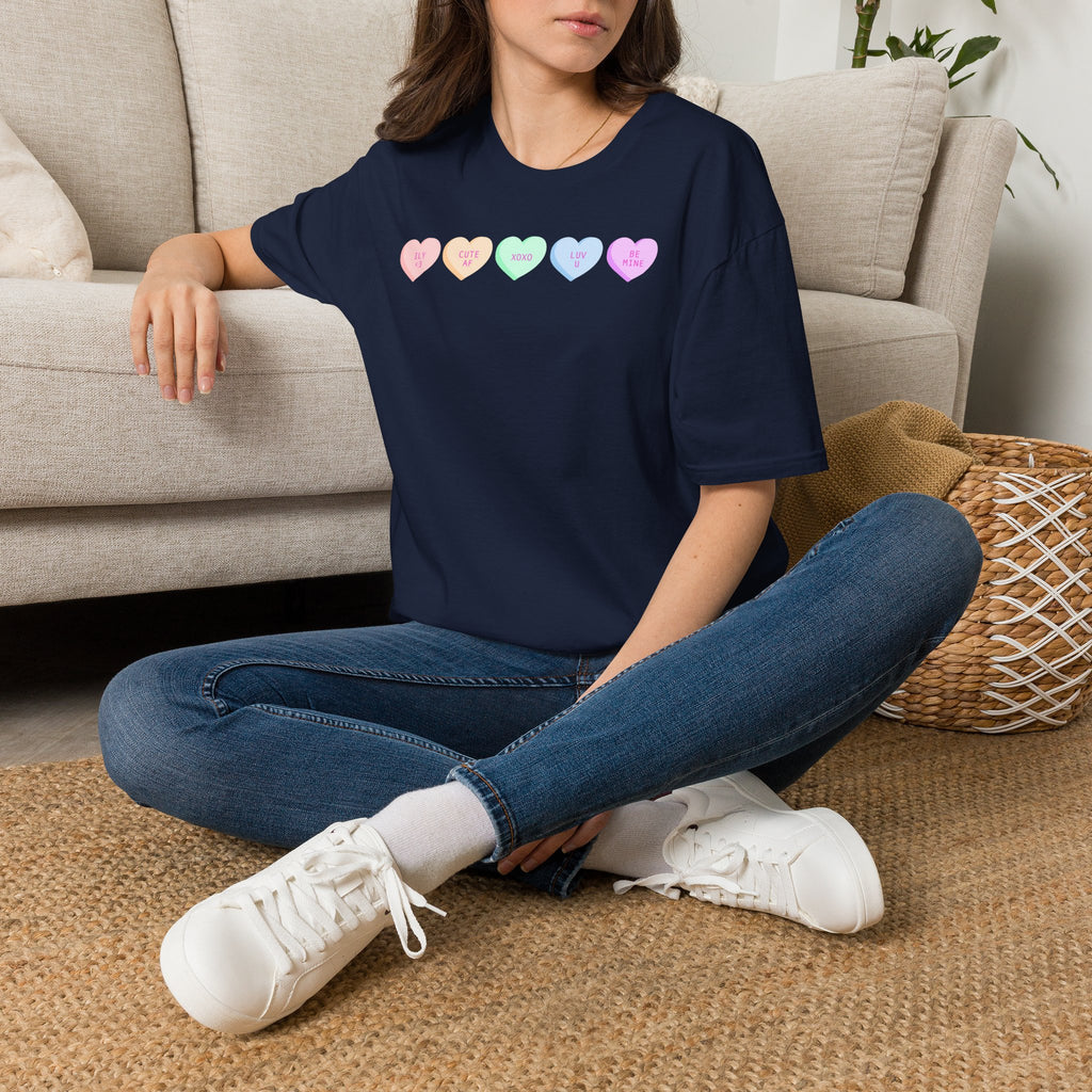 Conversation Heart Candy T-Shirt — Pastel ‘Be Mine, Cute AF, XOXO, Luv U’ Graphic
