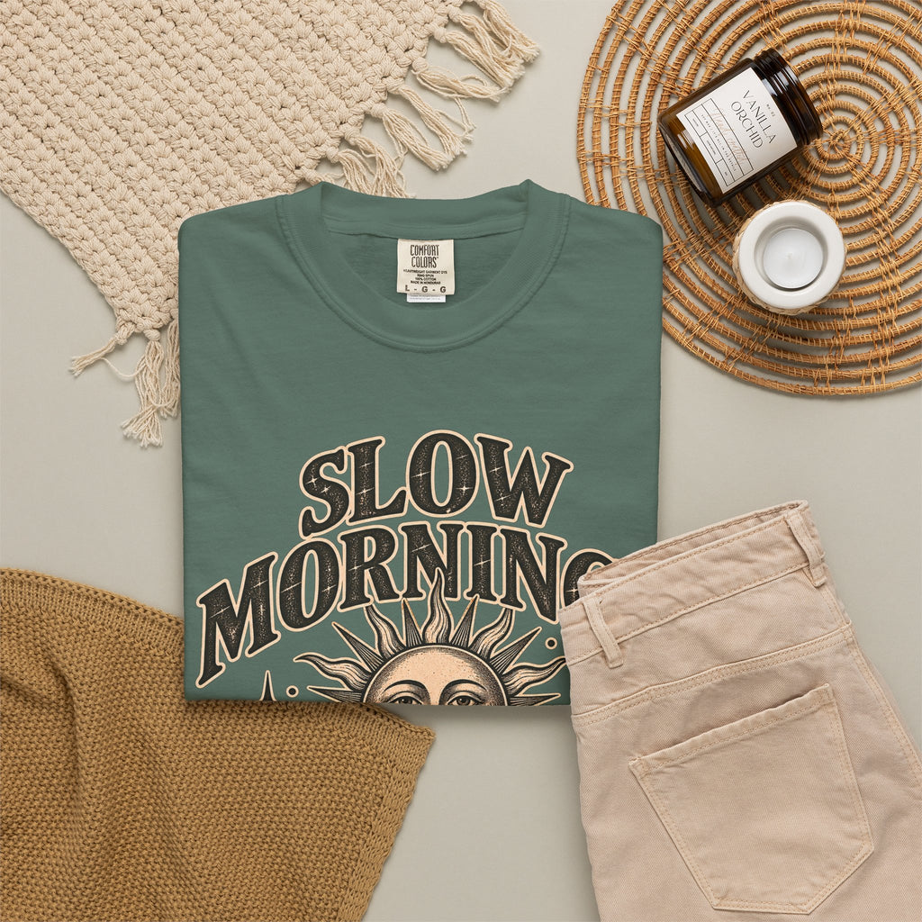 Slow Mornings Tee — Retro Sunrise Garment-Dyed Graphic T-Shirt
