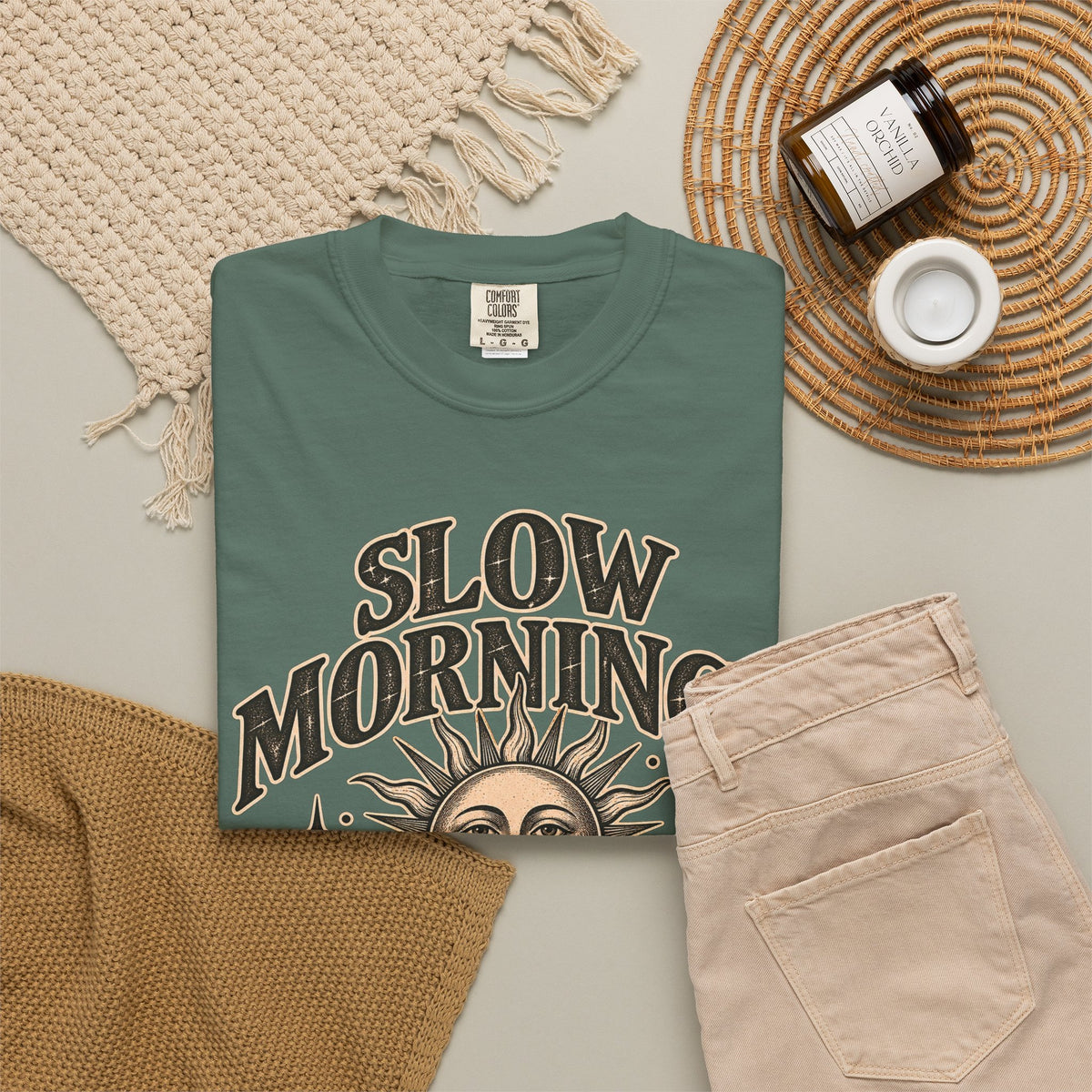 Slow Mornings Tee — Retro Sunrise Garment-Dyed Graphic T-Shirt