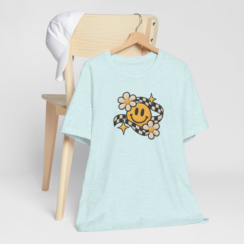 Smiley Flower Checkerboard Tee — Retro Happy Face Graphic T-Shirt