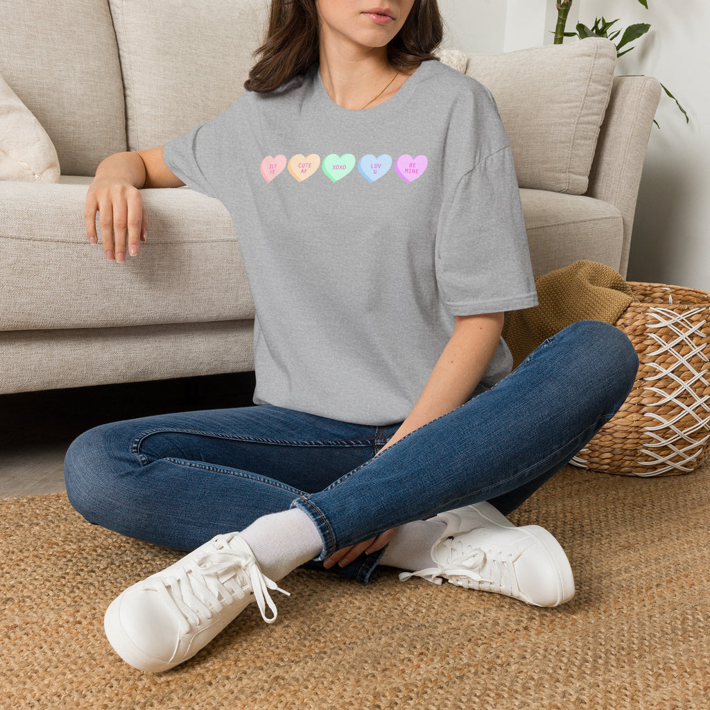 Conversation Heart Candy T-Shirt — Pastel ‘Be Mine, Cute AF, XOXO, Luv U’ Graphic