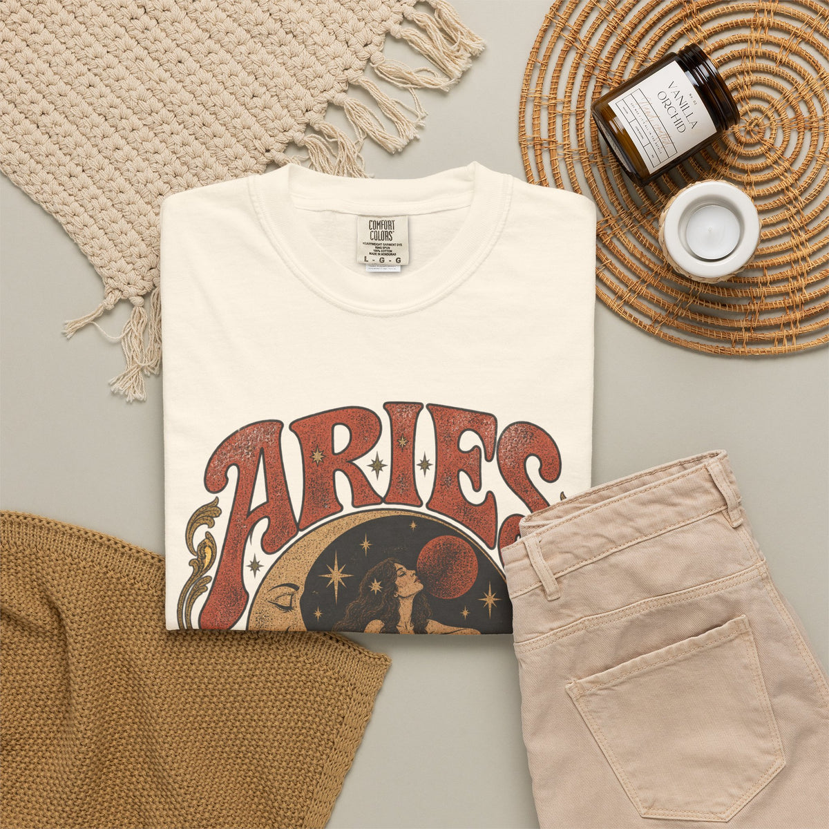 Aries Zodiac T‑Shirt — Vintage Moon & Ram Astrology Tee