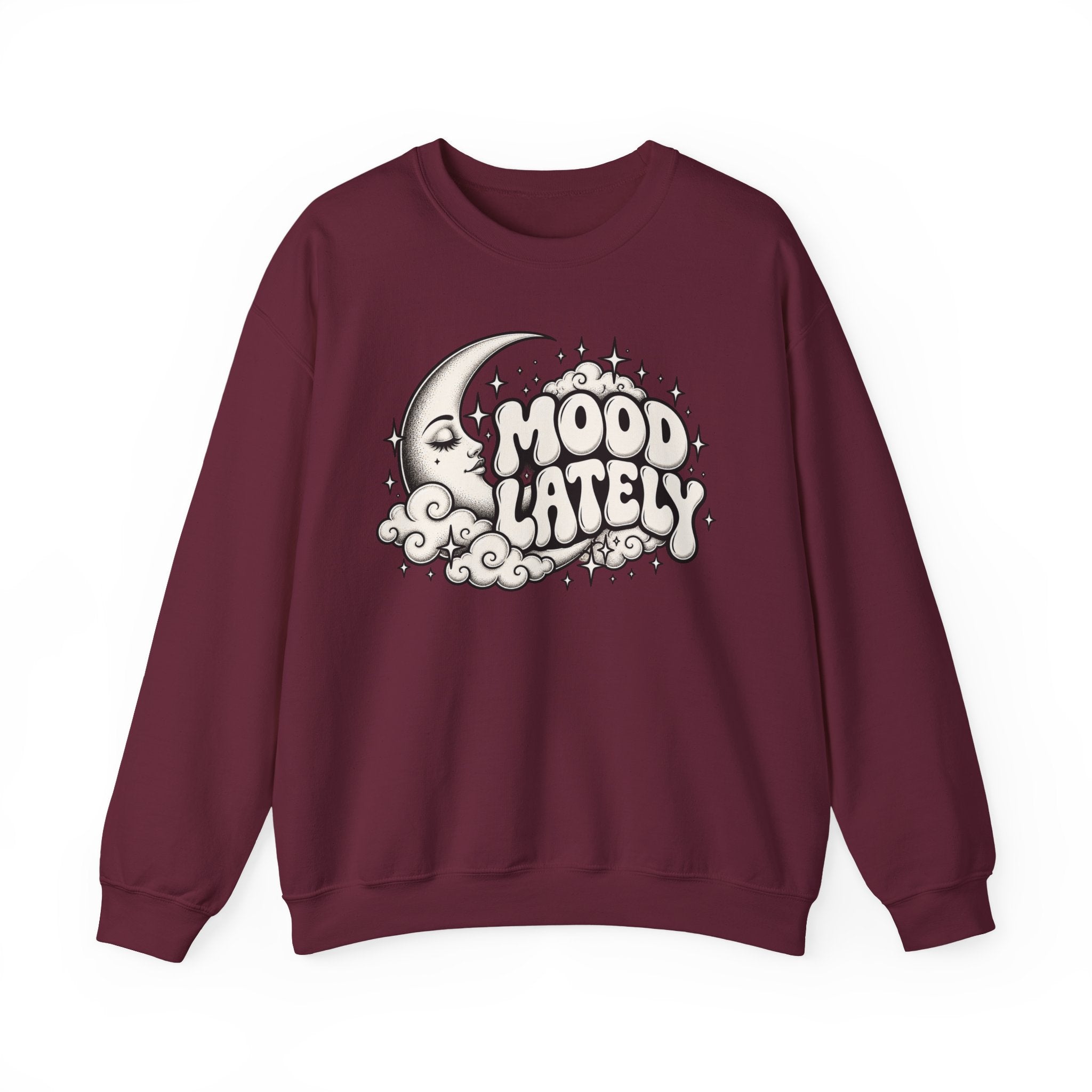 Mood Lately Crewneck Sweatshirt — Retro Moon & Cloud Graphic