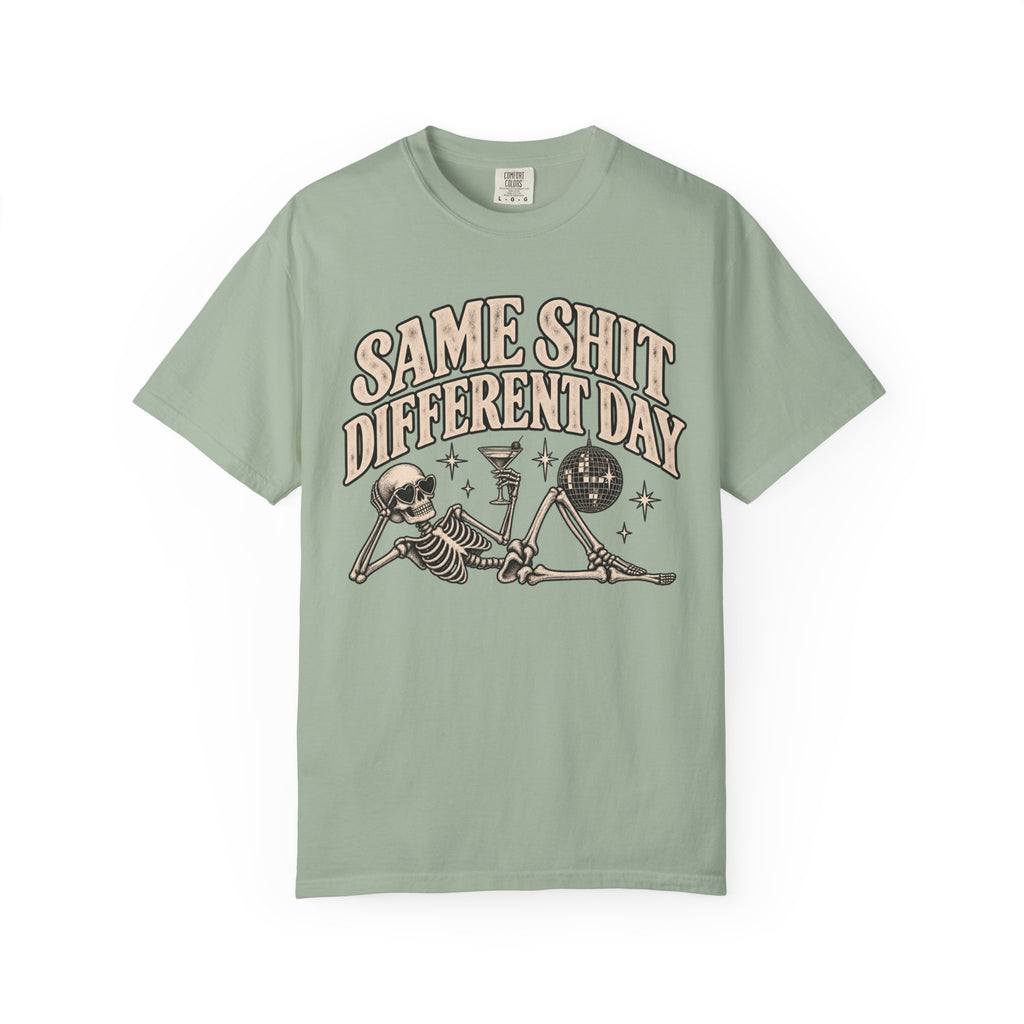 Same Shit Different Day Tee — Retro Skeleton Disco Graphic T-Shirt