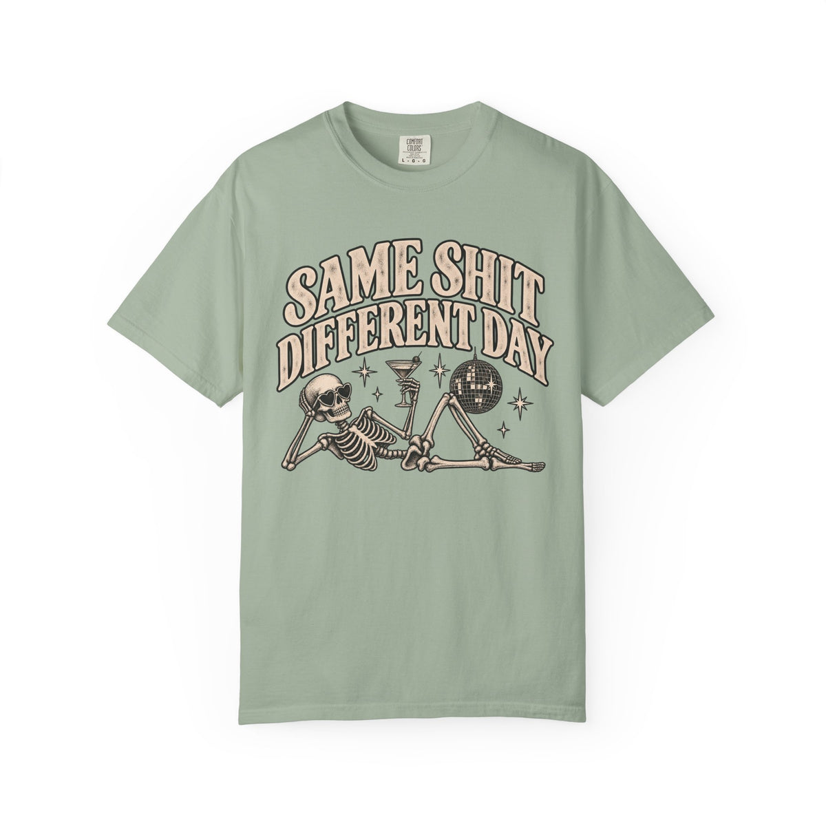 Same Shit Different Day Tee — Retro Skeleton Disco Graphic T-Shirt