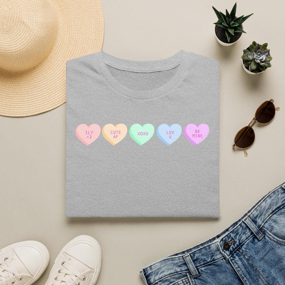 Conversation Heart Candy T-Shirt — Pastel ‘Be Mine, Cute AF, XOXO, Luv U’ Graphic