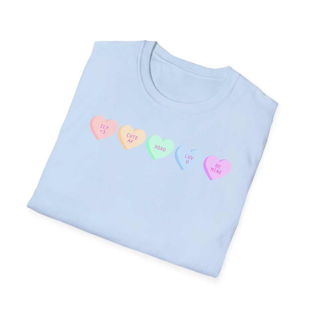 Conversation Heart Candy T-Shirt — Pastel ‘Be Mine, Cute AF, XOXO, Luv U’ Graphic
