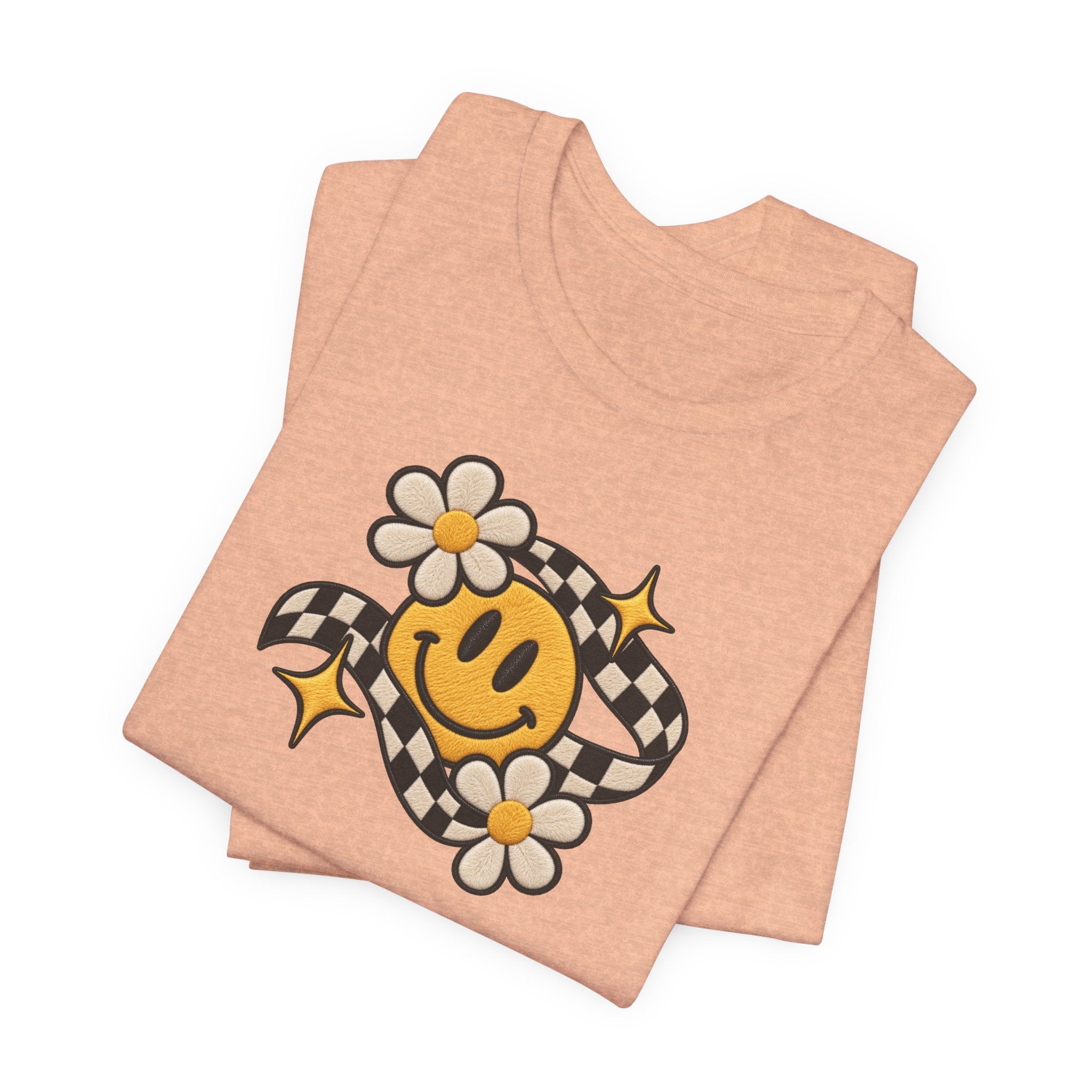 Smiley Flower Checkerboard Tee — Retro Happy Face Graphic T-Shirt