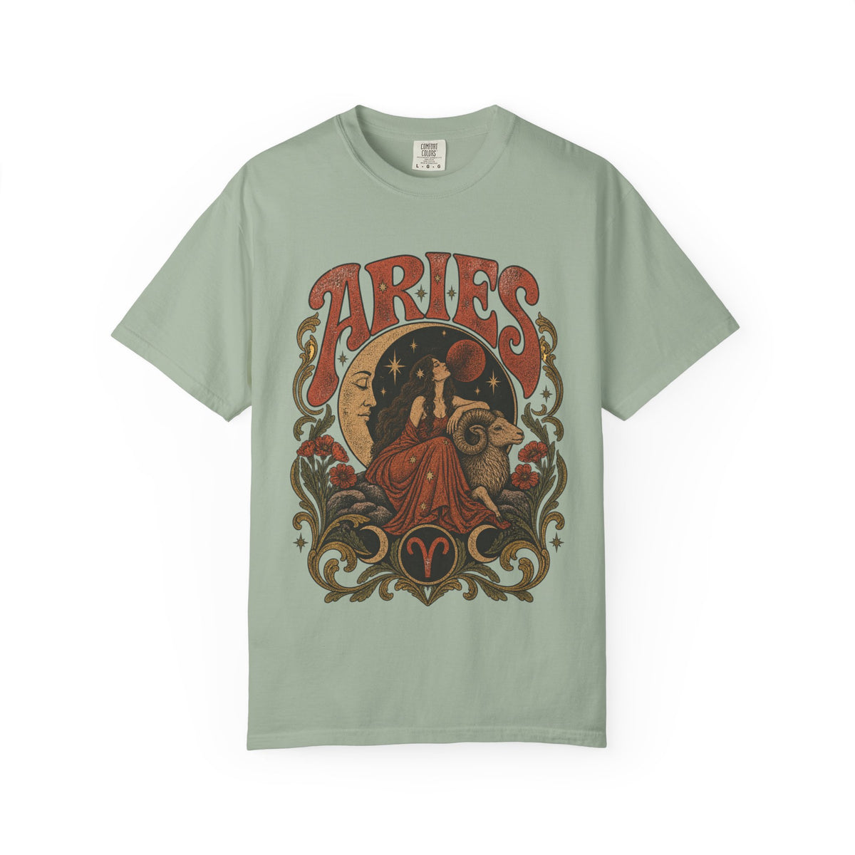 Aries Zodiac T‑Shirt — Vintage Moon & Ram Astrology Tee